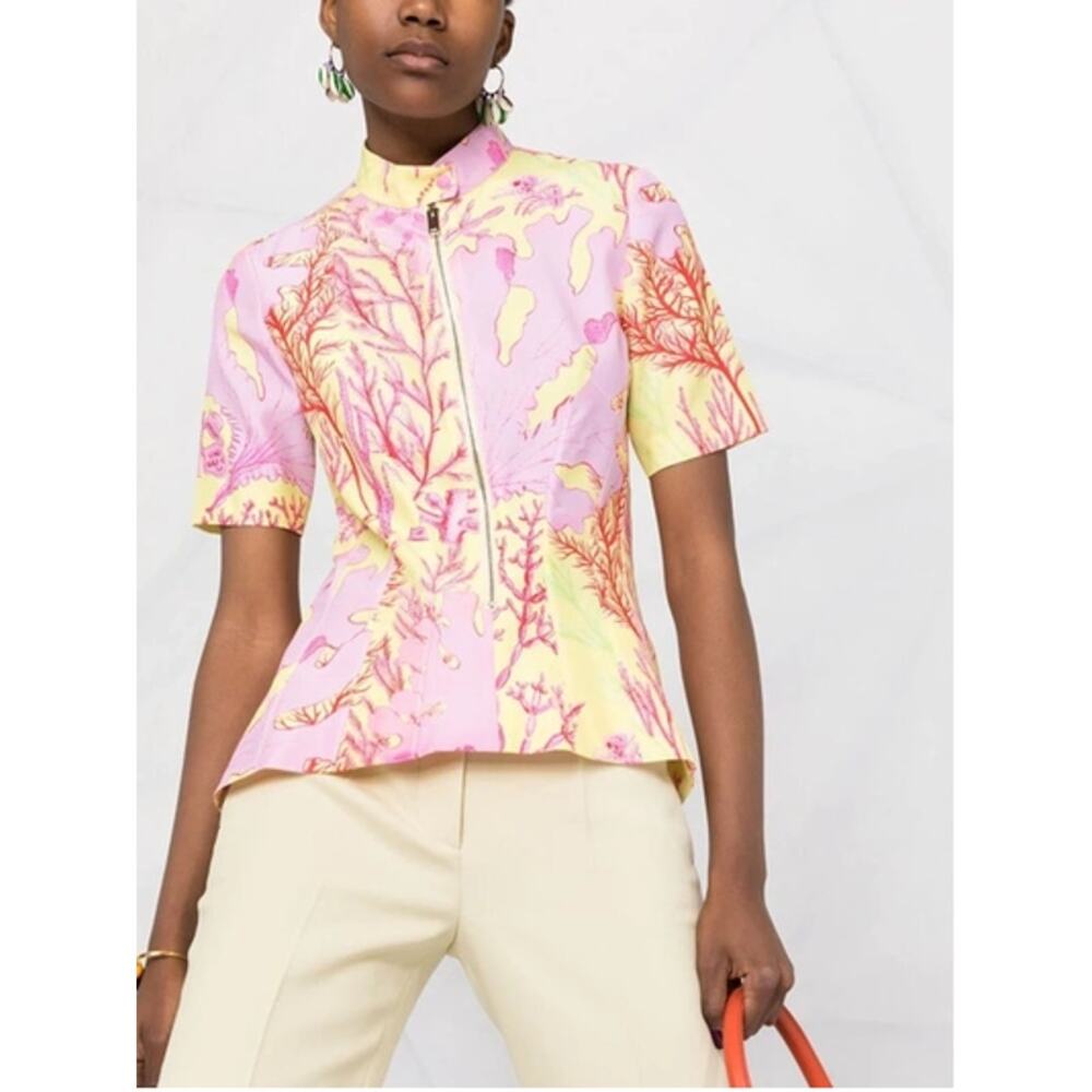 Stella McCartney Pink and Yellow Coral-Print Short Sleeve Zip Top